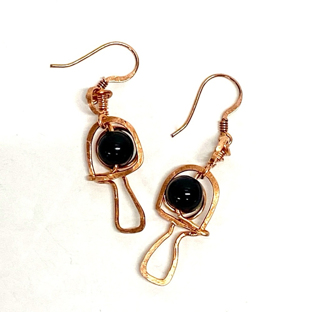 HANDMADE Mushroom Black Onyx and Hand Wrapped Bare Copper Dangle Earrings